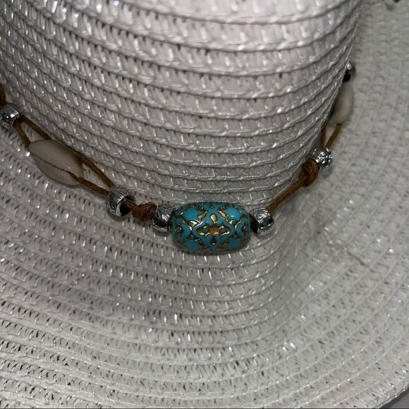 Women's White Western Festival Hat with Turquoise Leather Beaded Band - Picture 8 of 9